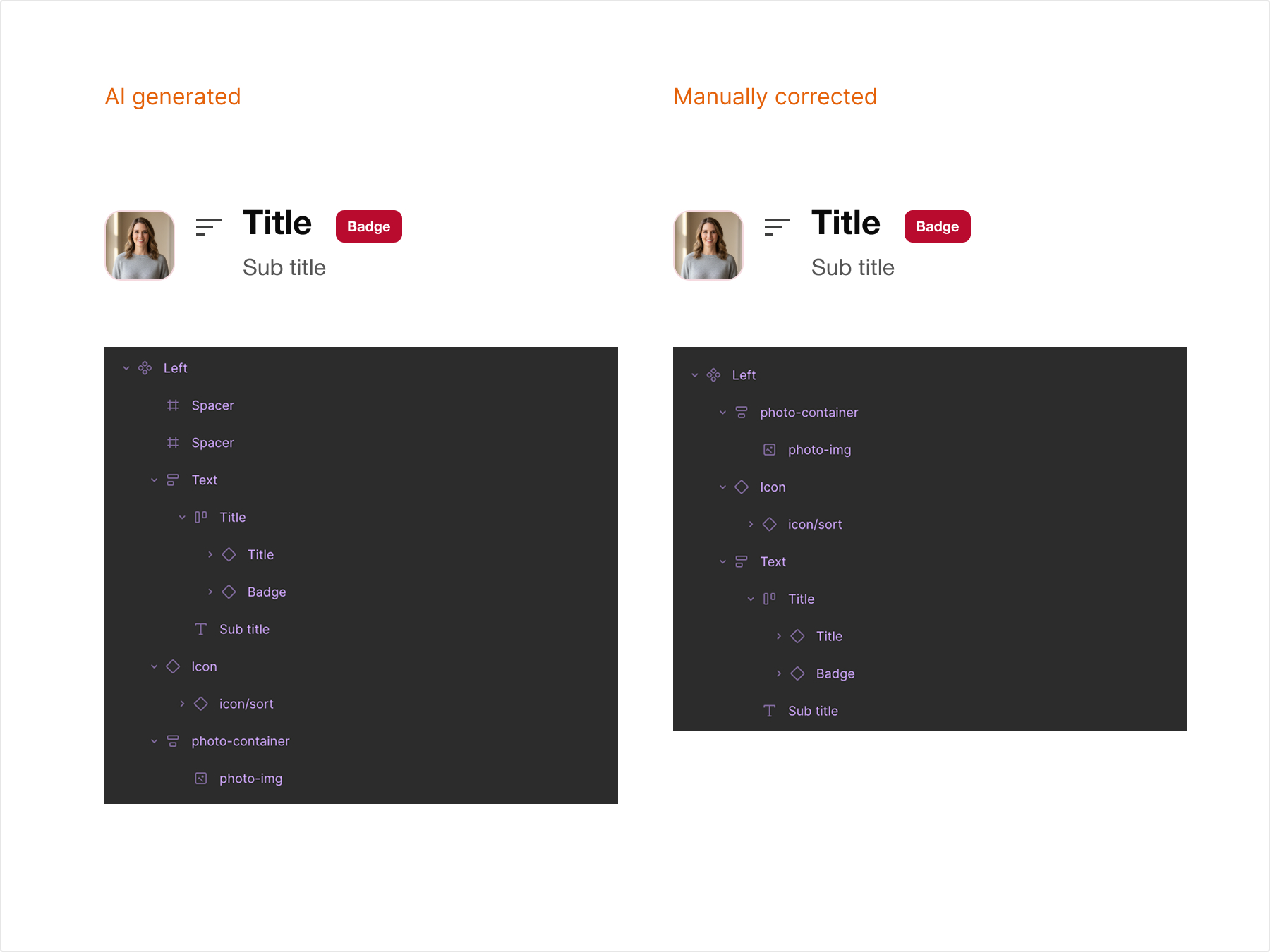 Frames rebuilt with proper auto layout, before and after