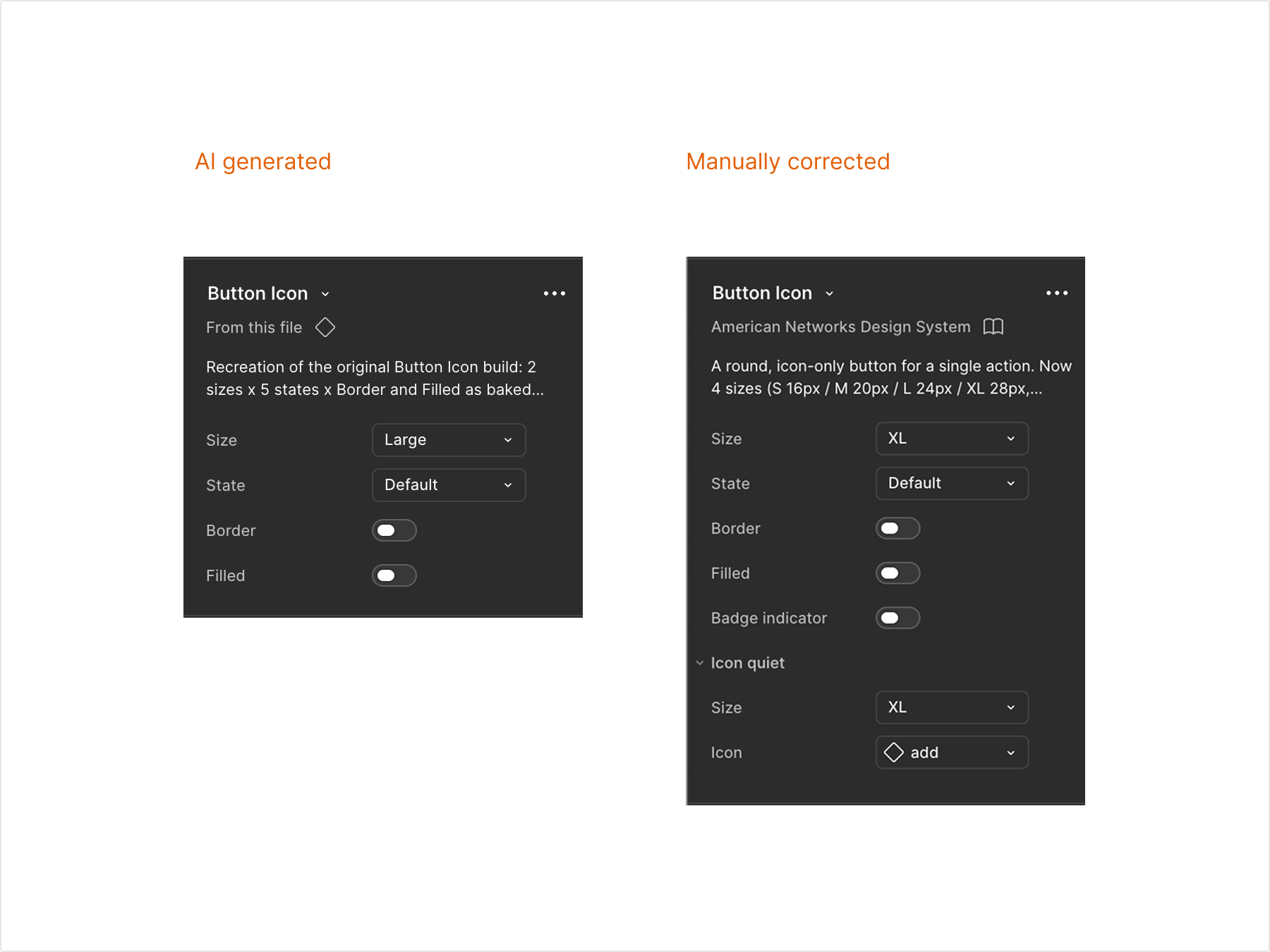 Icon Button properties rebuilt as an independent boolean structure, before and after